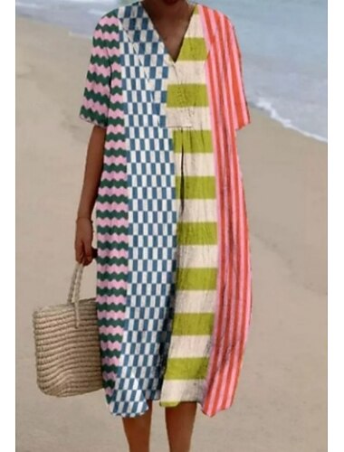  Dames Halflange jurk Zonnejurk A lijn jurk Vakantie Casual Strandstijl Uitgaan Ruim Passend Ombre Grafisch Abstract Korte mouw V-hals Blozend Roze Paars Regenboog Zomer Lente Herfst