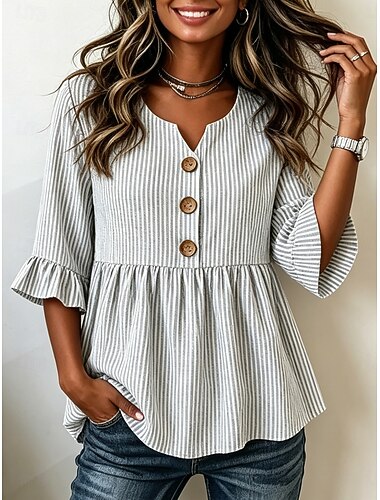  Mulheres Blusa Gráfico Listrado Vintage à moda Manga Longa Decote V Tops regulares Casual Diário Para Noite Azul Preto Verde Verão Primavera