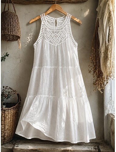  Dames Mini-jurk Boho-jurk Kanten jurk Witte jurk Elegant Vintage Dagelijks Strand Vakantie Normale pasvorm Effen Mouwloos Halternek Wit Zomer Lente