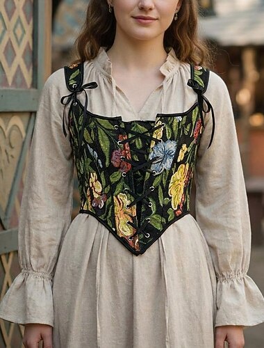  Médiéval Renaissance Cottagecore Corset Corset Serre Taille Corsage Paysan À lacets Fleuri Déguisement Femmes Fantaisie Halloween Carnaval Foire de la Renaissance LARP Adulte Corset Printemps & Été