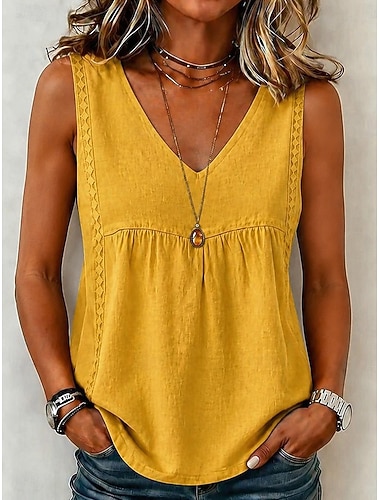  Damen Hemd Einfarbig Einfach Bohemien Vintage Mode Ärmellos V Ausschnitt Lange Oberteile Lässig Blau Weiß Gelb Rosa Sommer Frühling