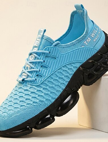  Scarpe da corsa da uomo blu in maglia, scarpe sportive traspiranti con lacci, scarpe sportive con suola spessa e ammortizzata per palestra, allenamento e passeggiate all'aperto.