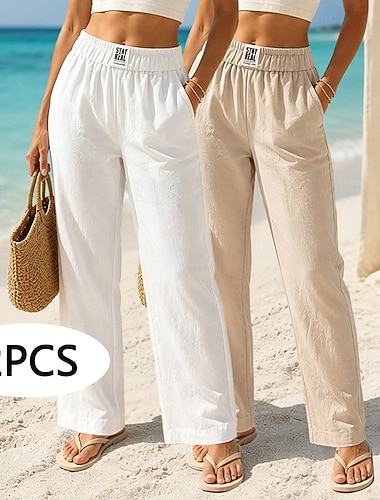  Conjunto com 2 calças femininas de algodão e linho, estilo casual, para o verão, férias, moda streetwear, comprimento total, cintura alta, lisas, com bolsos, cintura elástica, confortáveis e