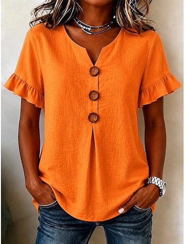  Damesblouse van katoen en linnen met ruches en knoopjes, effen kleur, casual, mouwloos, 3/4 mouwen, fladdermouwen, V-hals, lange top, casual, geschikt voor dagelijks gebruik, strand, blauw, wit, roze,