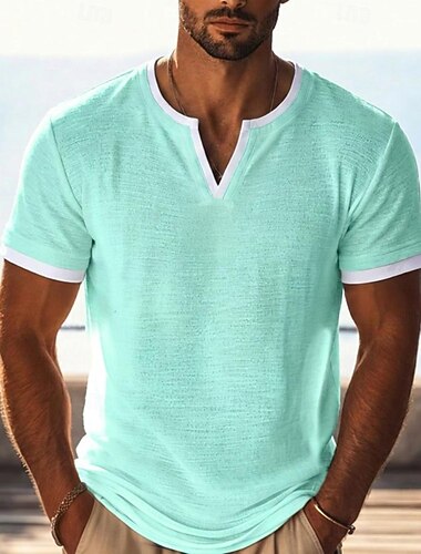  Herren Leinen-T-Shirt Kurzarm V Ausschnitt Frühling & Sommer Sommer Frühling Einfarbig Einfach Vintage Böhmische Lässig Farbblock Falscher Zweiteiler Rein Lässig Urlaub Straße Schwarz Hellgrün