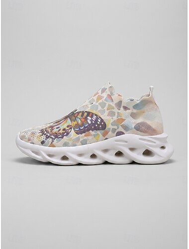  Beigefarbene Damen-Sneaker mit Schmetterlingsmuster zum Hineinschlüpfen – bequeme, leichte Sportschuhe mit atmungsaktivem Flyknit-Obermaterial &Hohlsohle, bequeme Wanderschuhe für den Alltag, Reisen