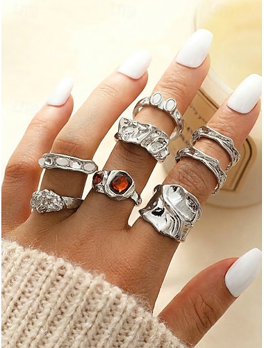  Conjunto de anillos apilables estilo boho para mujer - oro vintage &Anillos de nudillos geométricos irregulares de plata, joyería minimalista de aleación para vacaciones en la playa, uso casual