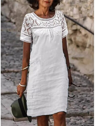  Dames Knielengte jurk Kanten jurk Witte jurk Zomerjurk Elegant Modieus Strand Vakantie Normale pasvorm Bloemig Korte mouw Strakke ronde hals Wit Blozend Roze Zomer Lente