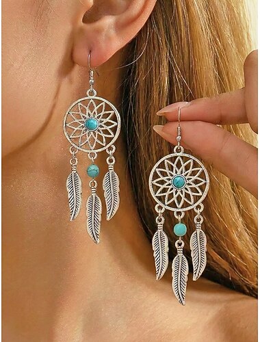  Dames oorbellen in bohemian dromenvangerstijl, met zilverkleurige veertjes en turkooizen kralen, etnische tribale hangende sieraden voor vakantie en feestdagen. &dagelijkse vrijetijdskleding