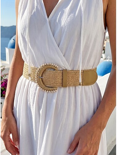  dambälte i boho-stil med halm, brett raffia-midjebälte med pärlspänne, avslappnat cinch-bälte för sommarsemester på stranden &vardagskläder, khaki/beige
