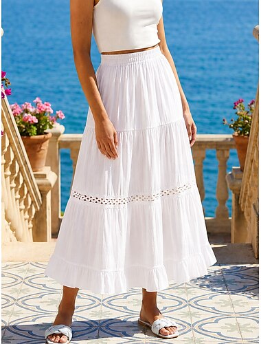  Per donna Gonna in pizzo Moda Casual Boho Maxi Vita Alta Gonne Tinta unita Pizzo Inelastico Vacanza Bianco Estate