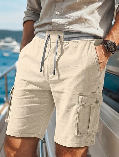  Herren Cargo-Shorts Leinenshorts Sommershorts Strandshorts Kordelzug Elastischer Bund Rein Farbblock Einheitliche Farbe Komfort Atmungsaktiv Knielang Lässig Täglich Strand Urlaub Mode Blau Khaki
