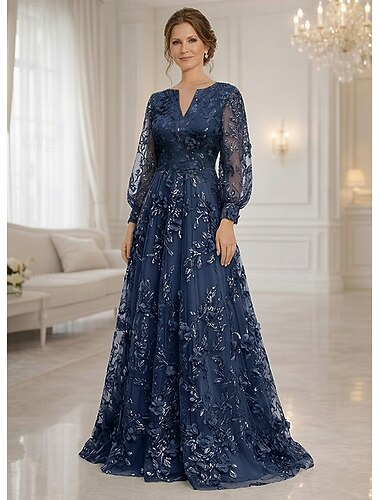  A-Linie Kleid Bodenlang Maxidress Partykleid Cocktailkleid Brautmutterkleid Langarm V Ausschnitt Elegant Vintage luxuriös Formell Hochzeitsgast Semi-Formal Spitze mit 3D-Blumen Stickerei Applikationen