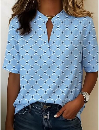  Mulheres Blusa Botões Imprimir Gráfico Geométrica Vintage à moda Moderno Manga Curta Colarinho de Camisa Tops regulares Casual Diário Azul Amarelo Verão Primavera