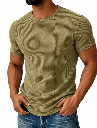  Herren Geripptes Strick-T-Shirt Kurzarm Rundhalsausschnitt Frühling & Sommer Einfarbig Mode Täglich Minimalismus Gerippt Dünn geschnitten Outdoor Alltagstauglich Weiß Schwarz Grün Top T-Shirt für