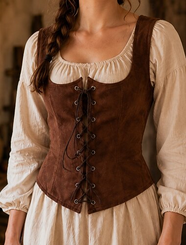  Retro Vintage Medieval Renascentista Corpete Colete Bruxa Pirata Ranger Camponês Fantasia Fantasia Dia Das Bruxas Carnaval feira renascentista LARP Adulto Corpete Primavera Verão