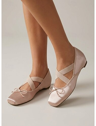  Sapatilhas de ballet femininas em cetim rosa champanhe - elegantes sapatilhas estilo Mary Jane com bico quadrado e tiras cruzadas. &Detalhe de laço para o dia a dia no escritório, estilo casual