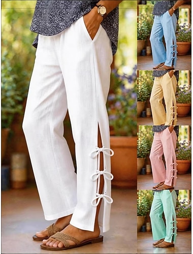  Mulheres Perna larga Calças Calça casual Férias Roupa de rua Comprimento total Natural Tecido Bolsos Cintura elástica Confortável Sem Elasticidade Diário Escritório Férias Branco Amarelo Verde Claro