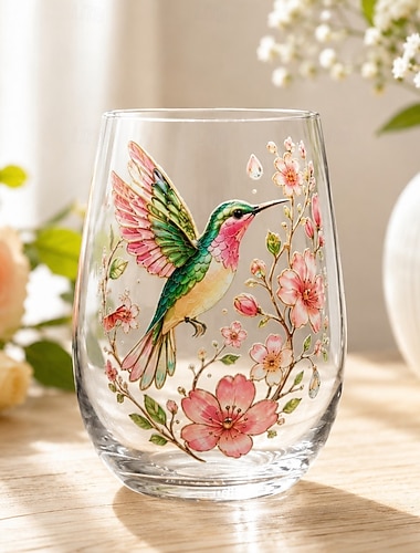  Tazza da tè in vetro con decorazione floreale a forma di colibrì, bicchiere senza stelo in cristallo, tazza da acqua con colibrì, bicchiere in vetro trasparente per tè, succo, caffè, vino, regalo