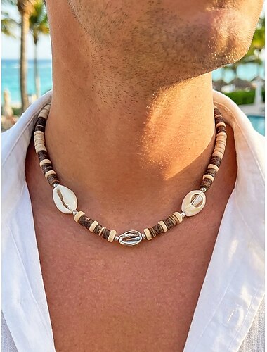  herr bohemisk trä &Halsband med snäckskal, handgjorda snäckskalsmycken för strandsemester, vardagskläder, trendigt accessoar i bohemisk stil