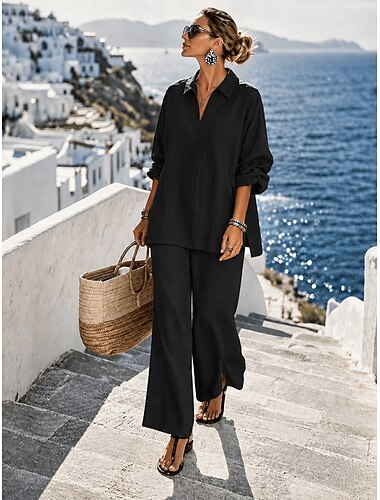  Damen-Baumwoll-Leinen-Sets, Loungewear-Sets, Basic-Casual-Bequem, einfarbiges Hemd und Hose, langärmlig, Reverskragen, schwarz, braun, khaki, dunkelblau, Sommer, Frühling
