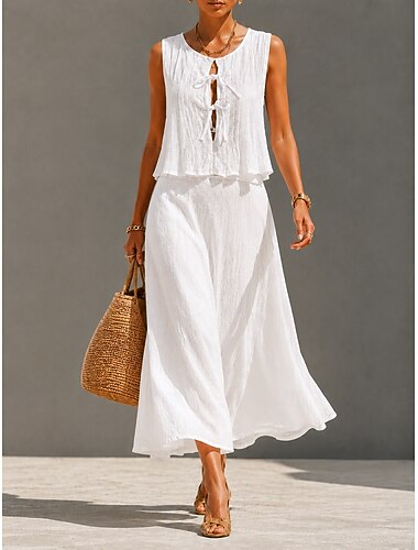  Blusa feminina boho de férias em algodão e linho com franzidos &Conjunto de saia e blazer preto, branco e amarelo para o verão, modelagem regular.