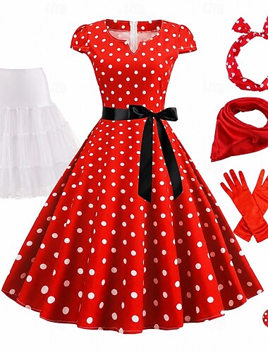  Conjunto Anos 50 Retro Vintage Rockabilly Longuette Até os Joelhos Anágua Vestido swing Conjunto de acessórios com acessórios Concha Com cinto Bolinhas Justo & Evasê Fantasia Mulheres Carnaval Baile