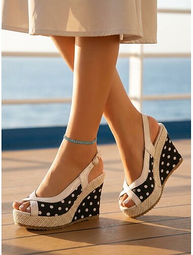  Dames espadrilles met rode stippen en sleehak - retro nautische platform sandalen met open neus en hielbandje in jaren 50-stijl, perfect voor cruisevakanties en diners aan boord. &strandfeesten