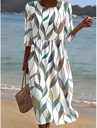  Mujer Vestido Midi Vestido de verano Vacaciones Casual Boho Festivos Ajuste regular Floral Graphic Media Manga Cuello Barco Azul Piscina Verde Claro Beige Verano Primavera