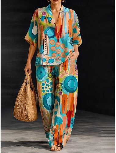  Mulheres Camisa Social Conjuntos de calças Meia Manga Decote V Gráfico Geométrica Imprimir Férias Moda Roupa de rua Casual Diário Ao ar livre Laranja Marron Verde Verão Ajuste Largo