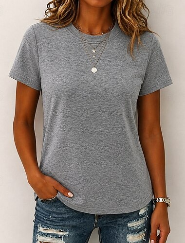  Dam T-shirt T-shirts Vit bomullstopp Vintage-tvättade toppar Syratvätt Slät Mode Stylish Punkmode Kortärmad Rund hals Crop Tops Ledigt Dagligen Strand Svart Vit Grön Grå Sommar Vår