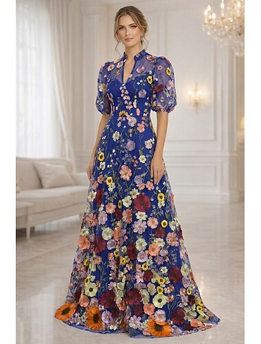  Linea ad A Lunghezza al pavimento Abito da cerimonia per signora Manica Corta Scollo a V Elegante Vintage Lussuoso Formale Ospite di nozze Ricevimento di matrimonio Pizzo Tulle con Fiori 3D Ricamo