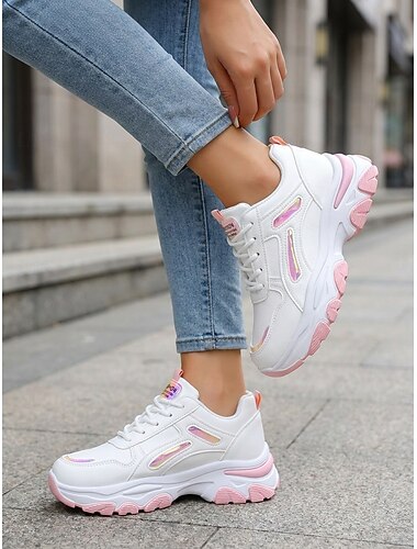  hvite, chunky joggesko til dame – stilige platåsko til pappa med rosa detaljer &iriserende detaljer for daglig gange, uformelt streetwear &treningsstudio