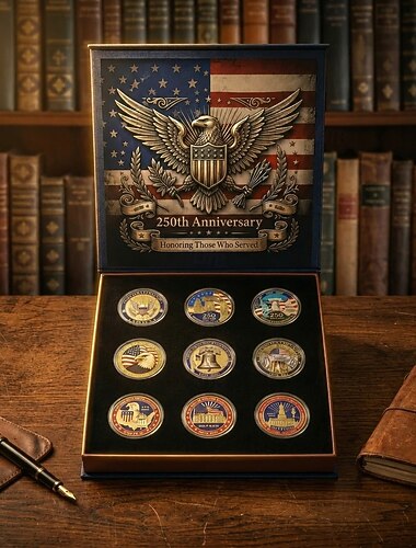  9 st amerikanska minnesmynt för 250-årsjubileum, presentset, patriotiska militära utmaningsmynt med displaylåda, amerikansk souvenirgåva för självständighetsdagen 1776-2026
