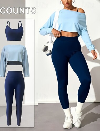  Mulheres Macacões de treino Top e Calça Esportiva Conjunto de ioga 3 Peças Côr Sólida Meia-calça Conjuntos Verão Primavera Outono Preto com Branco Preto Treino de Ginástica Ginástica Ioga Macio