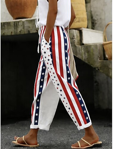  Femmes Slacks Pantalon décontracté Vacances Occasionnel Longueur cheville NaturelPantsJour de l'Indépendance américaine Graphique Drapeau Drapeau Américain Cordon de serrage Patchwork Avec Poches