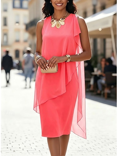  Dames Knielengte jurk Chiffon jurk Cocktail jurk Elegant Modieus Modern Vakantie Feest Weekend Normale pasvorm Effen Mouwloos Strakke ronde hals Khaki Rood Paars Zomer Lente