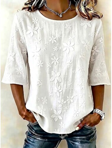  Per donna Camicia Tinta unica Elegante Bohemien Vacanza Manica 3/4 Scollo a V Top Regolari Casuale Bianco Estate Primavera