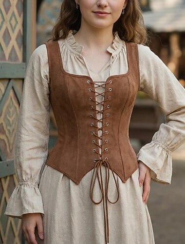  Retro Vintage Medieval Renascentista Corpete Colete Espartilho de Tronco Inteiro Pirata Ranger Camponês Cordões Decote Quadrado Fantasia Mulheres Fantasia Dia Das Bruxas Carnaval feira renascentista