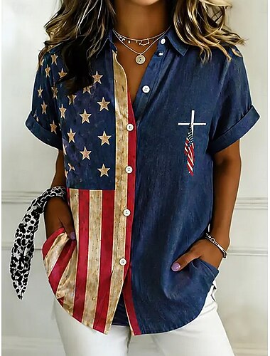  Amerikaanse onafhankelijkheidsdag Dames Overhemd Grafisch Vlag Amerikaanse vlag Vintage Stijlvol Casual Korte mouw Overhemdkraag Normale tops Casual Dagelijks blauw Donkerblauw Zomer Lente