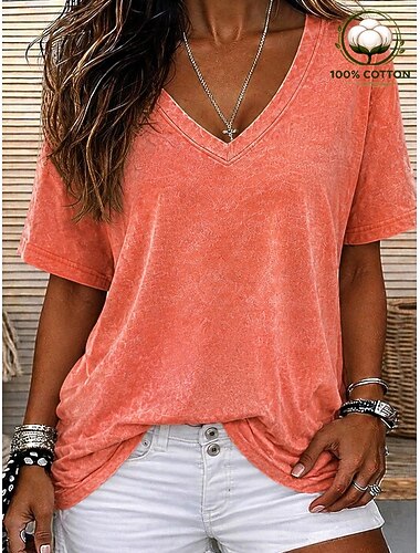  Softfade™ dames T-shirt, 100% katoen, shirt, top, geplooid, effen kleur, vintage, modieus, stijlvol, korte mouwen, V-hals, crop top, casual, dagelijks, uitgaan, blauw, zwart, paars, oranje, zomer, lente