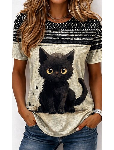  Dames T-shirt Afdrukken Grafisch dier Vintage Stijlvol Klassiek Korte mouw Strakke ronde hals Ronde hals Normale tops Casual Dagelijks Weekend Wit Lichtgrijs Grijs Zomer Lente Herfst