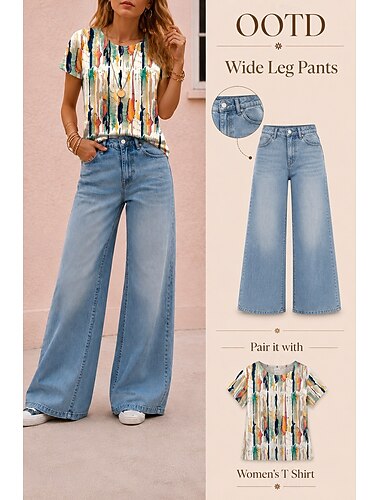  Damen Jeans Weites Bein Mode Streetwear Volle Länge Hohe Taille Einfach Tasche Bequem Weich Mikroelastisch Outdoor Straße Blau Frühling & Herbst Frühling, Herbst, Winter, Sommer Normale Passform