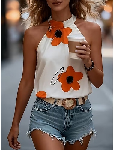  Dames Singlet Afdrukken Bloemig Grafisch Dagelijks Casual Mouwloos Halternek Normale tops Casual Dagelijks blauw Oranje Beige Zomer Lente