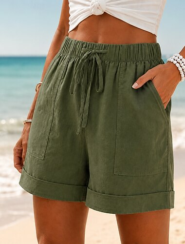  Dam Shorts i bomullslinne Byxor av linne i bomull Kinesiska Shorts Grundläggande Kort Hög midja Slät Ficka Elastiskt midjeband Bekväm Mjuk Microelastisk Utomhus Gata Blå Kaki Svart Rodnande Rosa