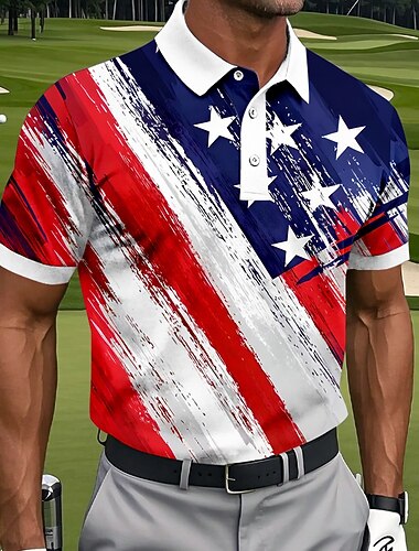  4 juli 2026 250:e Herr Amerikanska amerikanska flaggan Golf Sport pikétröjor Kortärmad Polotröjor Kavajslag Ledigt Fritids- Dagliga kläder 3D-utskrift Knappar Sommar Vår Blå 1 blå 3# Blå 2#