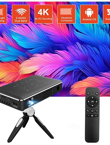  Intelligenter Mini-DLP-Projektor mit Android-Betriebssystem, 4K-HD-Dekodierung, 3D-Unterstützung, tragbarer Taschenprojektor mit 5G-WLAN, Bluetooth, Trapezkorrektur, Touchpad-Steuerung, inklusive