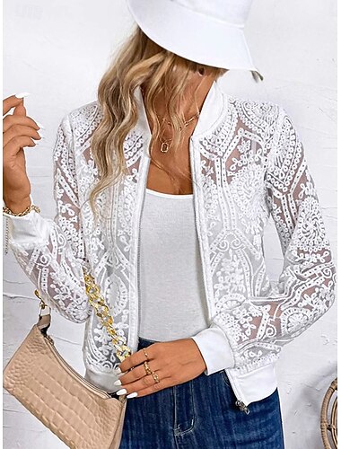  Dam Vardaglig jacka Spetsjacka Lättvikt Spets Broderad Elegant Broderi Ledigt Helgen Dragkedja Normal Rund halsringning Normal Långärmad Ytterkläder Vit Sommar Vår