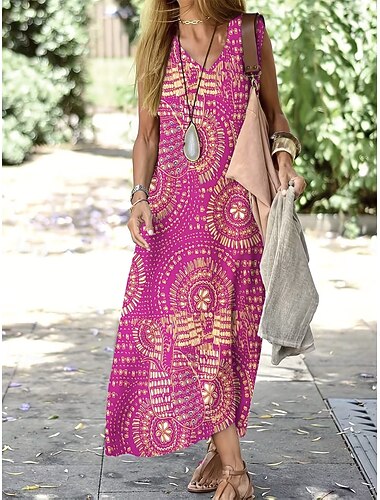  Per donna Abito maxi Vestito Estivo Vestito Casual Abito a trapezio Abito a spalle scoperte Vacanza Elegante Ferie Vestibilità comoda Grafico Paisley Senza Maniche Scollo a V Nero Fucsia Estate