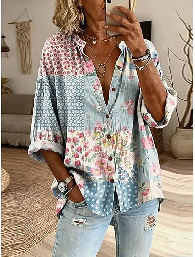  Per donna Camicia Bottoni Stampato Floreale Grafico Vintage Quotidiano Elegante Manica Lunga Girocollo Top Regolari Casuale Quotidiano Blu Viola Verde Estate Primavera